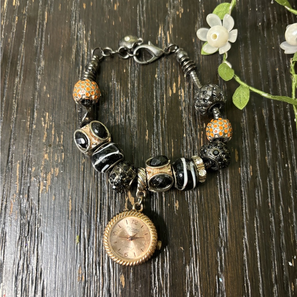 Chic Black and Orange Beaded Bracelet with Watch Charm - Picture 2 of 7